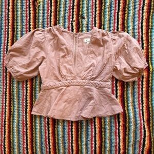 Linen Blend Deep V neck Crop Top Pink Small